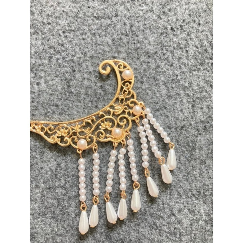 Traditional  Hair Accessory Set Gold Pearl Tassel Comb Forks Earrings - Picture 7 of 9